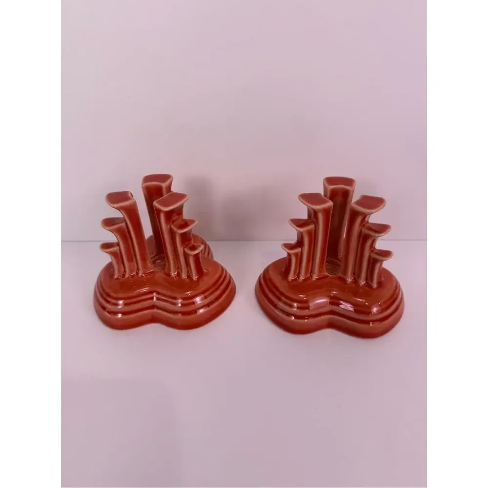 Fiesta Homer Laughlin Persimmon Pyramid Tripod Candle Holders Pair Retired